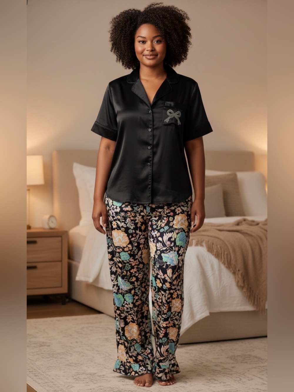 Victoria's Secret Pajama Satin Crystals Top & Floral Satin Pants